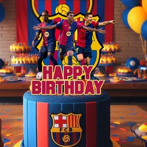 以下が含まれることがあります： FCバルセロナのロゴと、3人のサッカー選手が飾られた青い赤い誕生日ケーキ。ケーキは黄色のケーキスタンドの上にあり、紙吹雪で囲まれています。