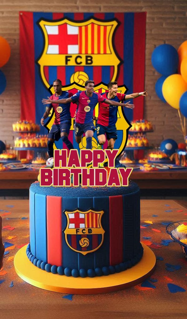 Op de afbeelding: Een blauwe en rode verjaardagstaart versierd met het FC Barcelona-logo en een topper met drie voetballers. De taart staat op een gele taartstandaard en is omringd door confetti.