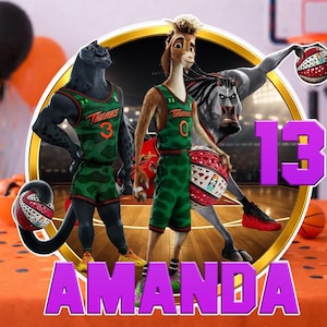 May include: A basketball-themed birthday cake topper featuring three cartoon animal characters in green and camouflage basketball uniforms. The text "13" and "AMANDA" are in purple. Orange and black balloons are in the background.