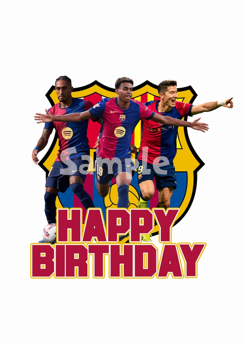 Op de afbeelding: Drie voetballers in rood-blauwe tenues met het FC Barcelona logo. De spelers staan in een feestelijke pose met de tekst "Happy Birthday" in rode en gele letters.