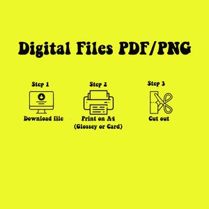 Op de afbeelding: Een gele achtergrond met zwarte tekst die "Digitale bestanden PDF/PNG" luidt. Drie stappen worden geschetst met pictogrammen: een bestand downloaden, afdrukken op A4-papier (glans of karton) en uitsnijden.