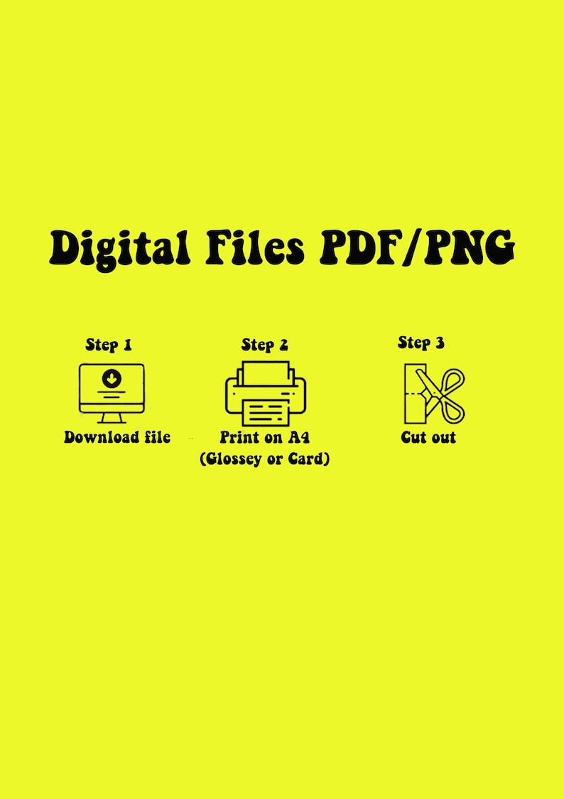 Op de afbeelding: Een gele achtergrond met zwarte tekst die "Digitale bestanden PDF/PNG" luidt. Drie stappen worden geschetst met pictogrammen: een bestand downloaden, afdrukken op A4-papier (glans of karton) en uitsnijden.