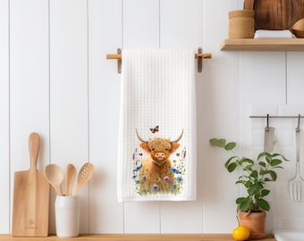 Toalla de cocina de microfibra con tejido de gofre con diseño de vaca y flores de las Tierras Altas, 16 x 24 pulgadas