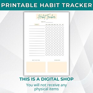 Könnte beinhalten: Ein druckbarer Gewohnheitstracker mit einer türkisfarbenen Kopfzeile mit der Aufschrift "Printable Habit Tracker". Der Tracker enthält Abschnitte für Gewohnheiten, einen Wochenkalender, Motivation und Belohnungen. Der Text "Habit Tracker" ist in einer Schriftart geschrieben. Der untere Teil der Seite lautet "THIS IS A DIGITAL SHOP".