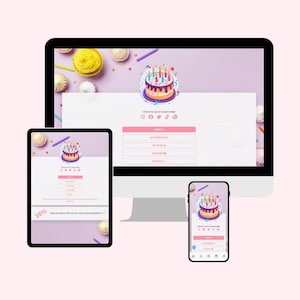 Könnte beinhalten: Webdesign, dargestellt auf einem Desktop-Computer, Tablet und Smartphone. Die Website zeigt eine Kuchendarstellung mit Kerzen, Social-Media-Symbolen und Menüoptionen. Der Hintergrund ist hellviolett mit Cupcakes und Streuseln.