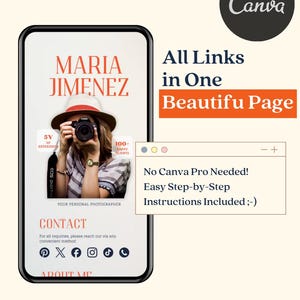 Könnte beinhalten: Ein Smartphone-Bildschirm zeigt ein Fotografie-Portfolio mit dem Namen "MARIA JIMENEZ" in Rot. Das Design enthält den Text "All Links in One Beautiful Page" und "No Canva Pro Needed!". Social-Media-Symbole sind ebenfalls zu sehen.