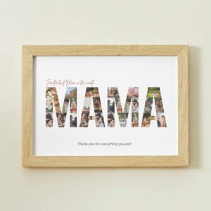 Könnte beinhalten: Ein gerahmter Druck mit dem Wort "MAMA", das aus Familienfotos zusammengesetzt ist. Der Druck enthält die Sätze "Für die beste Mama der Welt" und "Danke für alles, was du bist!" in einer Schriftart.