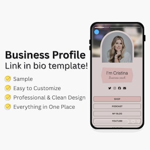 Può includere: Uno smartphone mostra un modello di profilo aziendale con foto, icone social e pulsanti per negozio, podcast, blog e YouTube. Il testo recita "Modello di profilo aziendale Link nella bio!" ed elenca funzionalità come "Esempio" e "Facile da personalizzare".