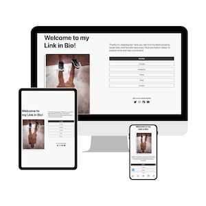 Könnte beinhalten: Eine Website-Oberfläche, die auf einem Computer, Tablet und Smartphone angezeigt wird. Die Oberfläche zeigt den Text "Welcome to my Link in Bio!" und Links zu einem Blog, YouTube, Instagram, TikTok, Shop und Kontaktinformationen. Klares und modernes Design.