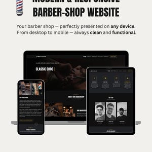 Puede incluir: Maqueta digital de un sitio web moderno y adaptable para una barbería, mostrada en un portátil, una tableta y un smartphone. El diseño presenta el texto "MODERN & RESPONSIVE BARBER-SHOP WEBSITE". El sitio web es elegante, adaptable y atemporal.