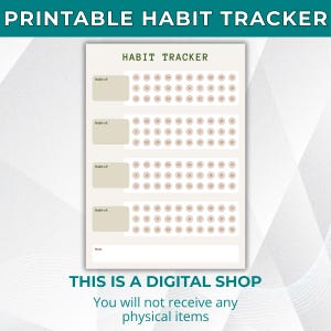 Könnte beinhalten: Ein druckbarer Gewohnheitstracker mit dem Text "PRINTABLE HABIT TRACKER" oben. Der Tracker hat Bereiche zum Verfolgen von Gewohnheiten, mit nummerierten Kreisen für jeden Tag des Monats. Der Text "HABIT TRACKER" ist ebenfalls sichtbar. Der Text unten lautet "THIS IS A DIGITAL SHOP".