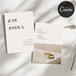 Könnte beinhalten: Zwei Hochzeitseinladungskarten mit den Namen "Judy" und "Joshua" in schwarzer Schrift. Die Karten enthalten auch das Hochzeitsdatum, die Uhrzeit und den Ort. Auf der zweiten Karte ist ein Paar goldener Eheringe zu sehen. Das Canva-Logo befindet sich oben rechts.