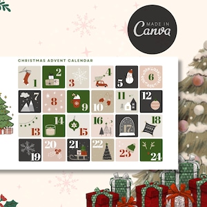 Puede incluir: Un calendario de adviento navideño con 24 casillas numeradas, cada una con una ilustración festiva. El calendario presenta un árbol de Navidad, regalos y acentos de copo de nieve. Un árbol de Navidad decorado y regalos envueltos en el fondo.