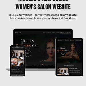 Puede incluir: Un concepto de diseño web para un salón de belleza femenino, mostrado en un portátil, una tableta y un smartphone. El diseño presenta un tema oscuro con un retrato de mujer y el texto "Changes Beautifies You!". El texto "Modern & Responsive Women's Salon Website" está en la parte superior.