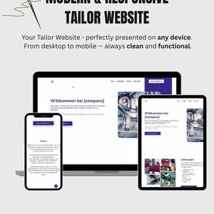 Könnte beinhalten: Digitales Mockup eines Schneider-Website-Designs, angezeigt auf einem Laptop, Tablet und Smartphone. Die Website verfügt über eine saubere, moderne Oberfläche mit dem Text "MODERN & RESPONSIVE TAILOR WEBSITE" und "Stylish. Responsive. Timeless."