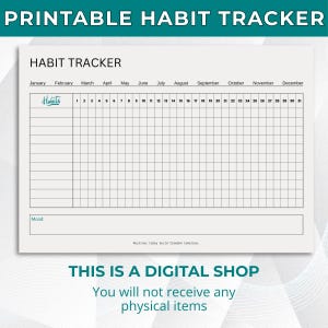 Könnte beinhalten: Ein druckbarer Gewohnheitstracker mit dem Titel "Printable Habit Tracker" oben. Der Tracker enthält Bereiche für Gewohnheiten, Daten und Stimmungsverfolgung. Der Text "This is a digital shop. You will not receive any physical items" steht unten.