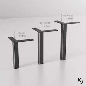 May include: Three black metal table legs with different heights: 12 cm (4.7 inches), 15 cm (6 inches), and 20 cm (7.9 inches).