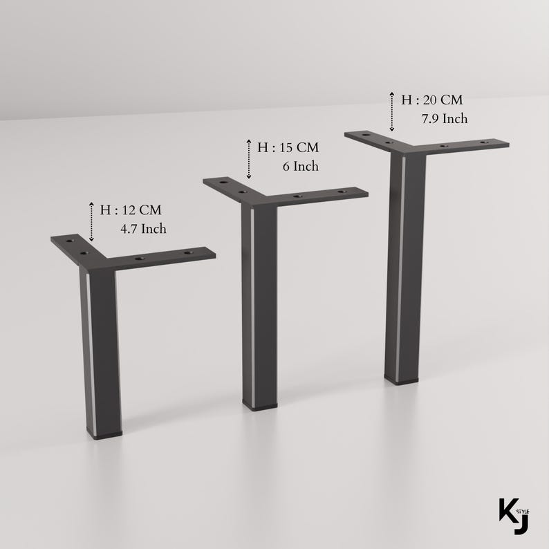 May include: Three black metal table legs with different heights: 12 cm (4.7 inches), 15 cm (6 inches), and 20 cm (7.9 inches).