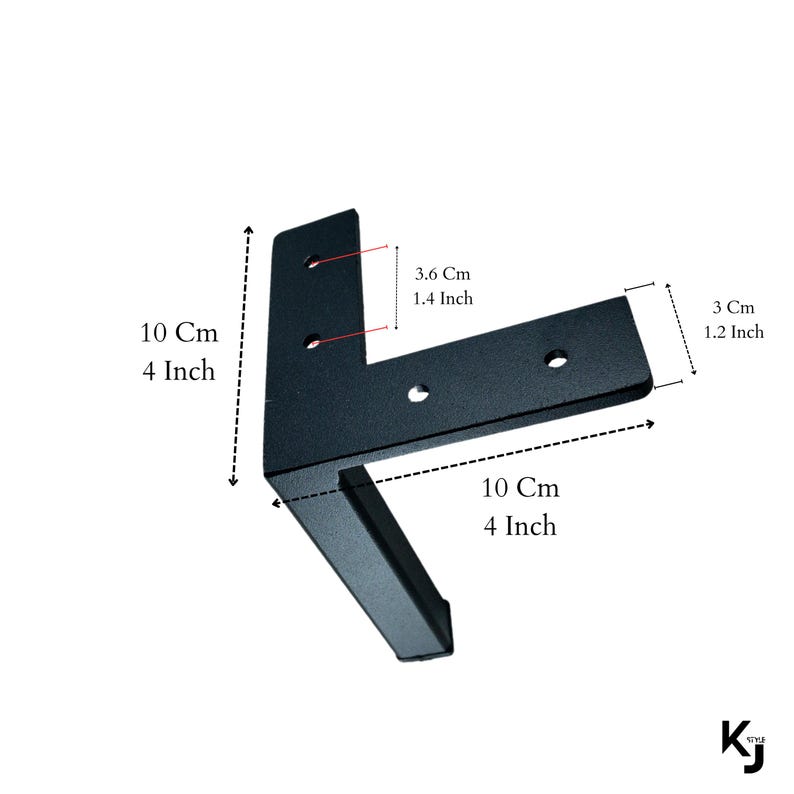 May include: Black metal L-shaped bracket with four holes. The bracket measures 4 inches by 4 inches.