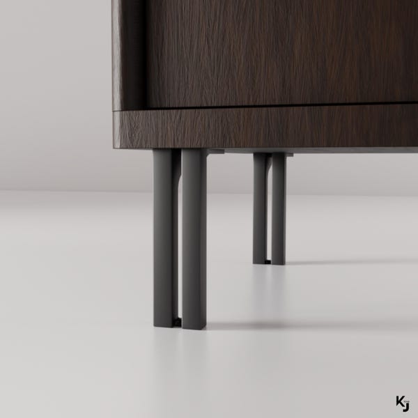 May include: A dark brown wooden cabinet with four black metal legs. The cabinet has a rounded edge and a smooth surface.