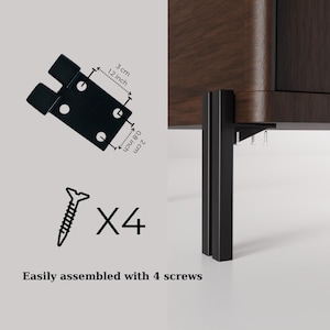 May include: Black metal furniture hinge, 3 cm x 2 cm (1.2 inch x 0.8 inch), with four screw holes. The image also shows four screws and the text "Easily assembled with 4 screws".