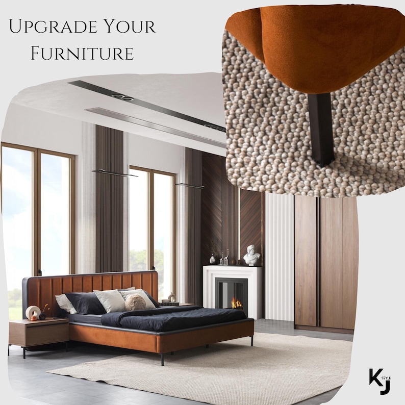 May include: A brown leather bed frame with a black headboard and black metal legs. The bed is made up with black and white bedding and pillows. The bed is in a modern bedroom with a fireplace and large windows.