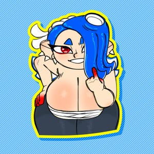 Puede incluir: Ilustración de dibujos animados de un personaje con cabello azul y ojos rojos, mostrando el dedo medio. El personaje está delineado en negro con un borde amarillo, sobre un fondo azul a rayas diagonales.