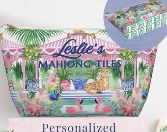 Personalized Mahjong Tile Bag Pink & Green Chinoiserie Custom Name Tile Organizer League Night Mahj Hostess Gift Mom Grandmother