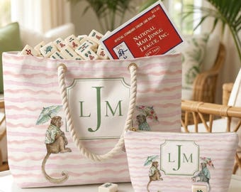 Pink and Green Monkey Mahjong Tote Set Personalized Palm Beach Chinoiserie Accessory Bag Social Club Giftful Tile Carrier Mahj Night Prize