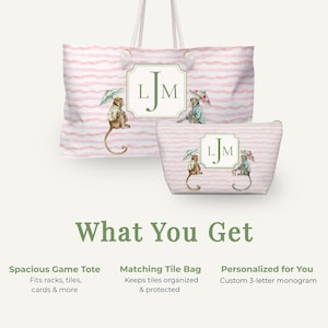 Pink and Green Monkey Mahjong Tote Bag and Tile Pouch Set on a white bamboo table, Palm Beach style