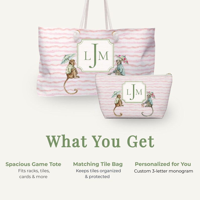 Pink and Green Monkey Mahjong Tote Bag and Tile Pouch Set on a white bamboo table, Palm Beach style