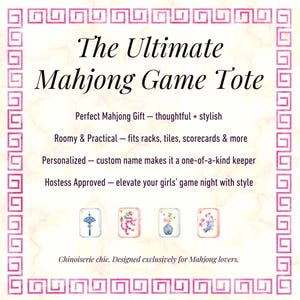 May include: A square image with a pink border and the text "The Ultimate Mahjong Game Tote." The text below describes the tote as a perfect gift, roomy, practical, and personalized. Four small images of Mahjong tiles are at the bottom.