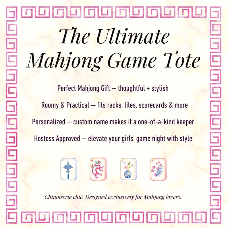 May include: A square image with a pink border and the text "The Ultimate Mahjong Game Tote." The text below describes the tote as a perfect gift, roomy, practical, and personalized. Four small images of Mahjong tiles are at the bottom.