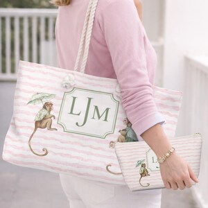 Pink and Green Monkey Mahjong Tote Bag and Tile Pouch Set on a white bamboo table, Palm Beach style