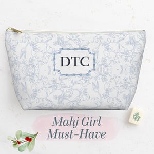 Custom Monogrammed Mahjong Tile Storage Bag Personalized Chinoiserie Blue & White Toile Mahj Pouch Game Night Hostess Gift for Mom Grandma
