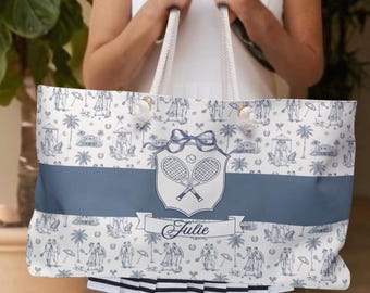 Personalized Tennis Weekender Tote Bag Custom Name Blue Toile Preppy Travel Bag Overnight Carrier Tennis Lover Gift for Her