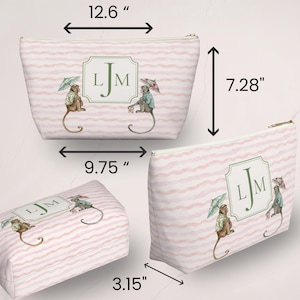 Pink and Green Monkey Mahjong Tote Bag and Tile Pouch Set on a white bamboo table, Palm Beach style