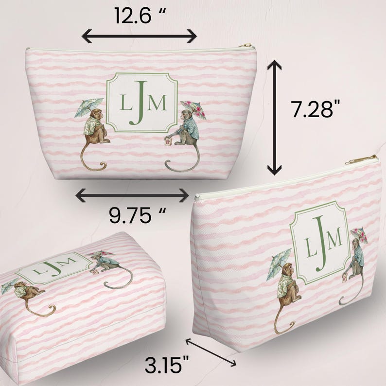 Pink and Green Monkey Mahjong Tote Bag and Tile Pouch Set on a white bamboo table, Palm Beach style