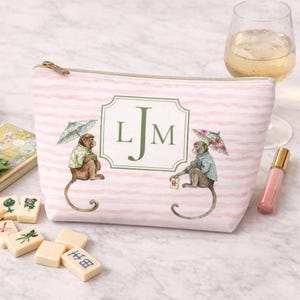 Personalized Mahjong Tile Bag Monogram Pouch Custom Rummikub Domino Game Bag Cosmetic Bag Makeup Travel Pouch Pink Chinoiserie Monkey Gift