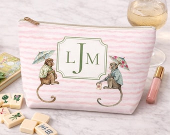 Personalized Mahjong Tile Bag Monogram Pouch Custom Rummikub Domino Game Bag Cosmetic Bag Makeup Travel Pouch Pink Chinoiserie Monkey Gift