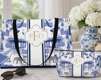 Bolsa de Mahjong estilo preppy com estampa chinesa, azul e branca, estilo clássico toile. Inclui estojo com monograma combinando, organizador de peças personalizado para viagem.