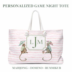 Pink and Green Monkey Mahjong Tote Bag and Tile Pouch Set on a white bamboo table, Palm Beach style