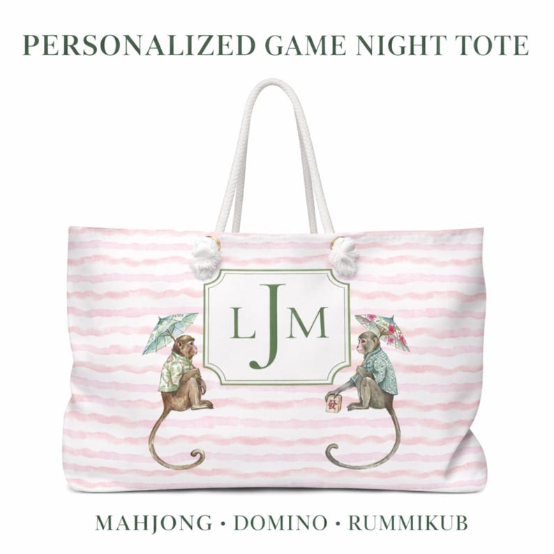 Pink and Green Monkey Mahjong Tote Bag and Tile Pouch Set on a white bamboo table, Palm Beach style