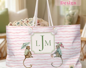 Mahjong Tote Bag Personalized Game Organizer Custom Monogram Mahjong Domino Rummikub Travel Bag Preppy Pink Chinoiserie Monkey Beach Tote
