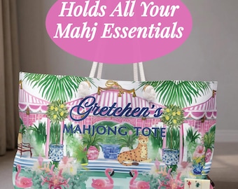Mahjong Tote Bag, Personalized Custom Name Mahj Essentials Organizer, League Night Travel Bag, Hostess Gift Mom, Pink & Green Chinoiserie