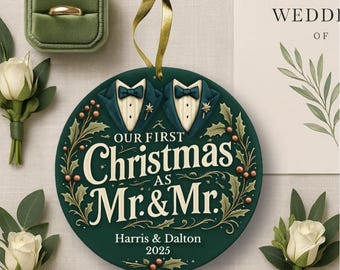 Gay Couple Mr & Mr Wedding Ornament Custom Our First Christmas Married Gift Xmas Personalized Husband Holiday Keepsake Newlywed Anniversary