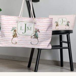 Pink and Green Monkey Mahjong Tote Bag and Tile Pouch Set on a white bamboo table, Palm Beach style