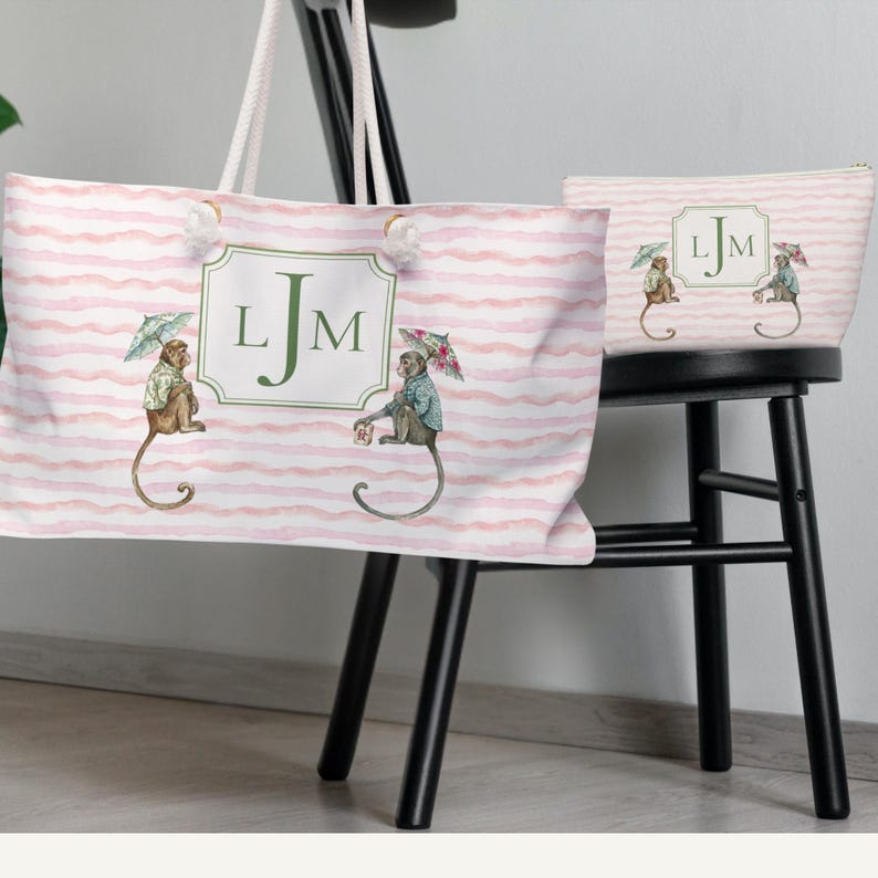Pink and Green Monkey Mahjong Tote Bag and Tile Pouch Set on a white bamboo table, Palm Beach style