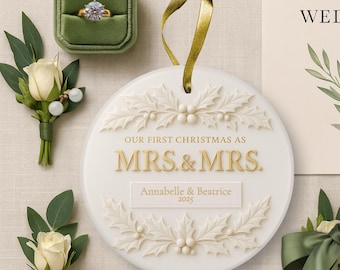 Personalized Mrs & Mrs Wedding Ornament Our 1st Christmas Gift Lesbian Couple Keepsake  Newlywed Custom Name Date Anniversary Present