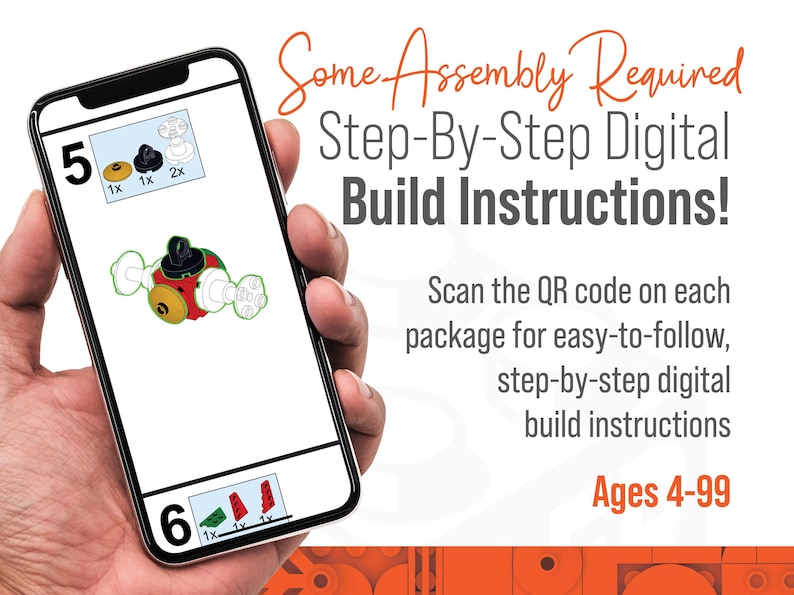 Puede incluir: Un tel&eacute;fono inteligente que muestra instrucciones de construcci&oacute;n digitales paso a paso para un juguete. La pantalla muestra un primer plano de un juguete con pasos numerados y una lista de las piezas necesarias. El texto en la pantalla dice "Some Assembly Required Step-By-Step Digital Build Instructions!" y "Ages 4-99".